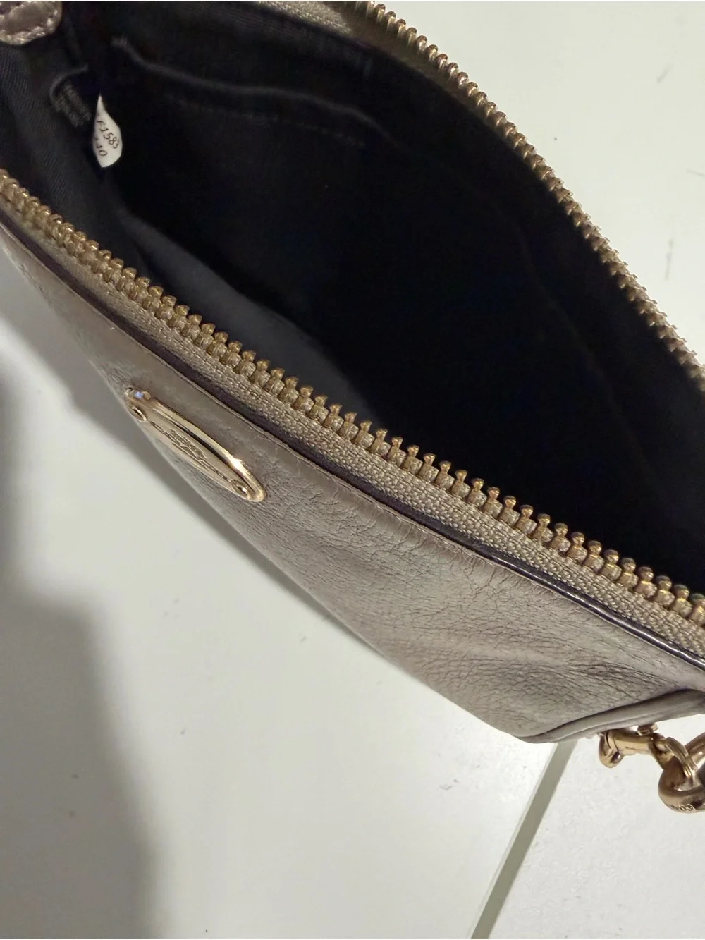 Coach Metallic Taupe Pebbled Leather Chain Wristlet